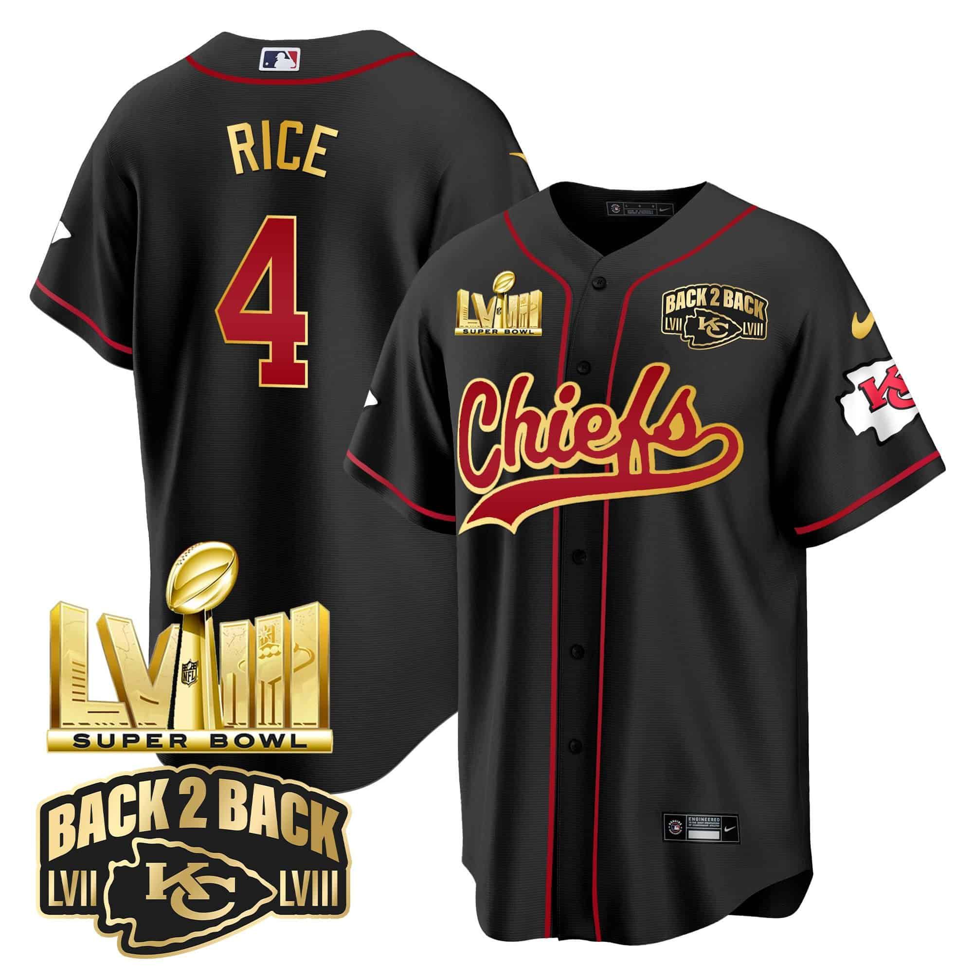 Men Kansas City Chiefs 4 Rice Black 2024 Nike Super Bowl LVIII Back 2 Back Gold Patch Baseball NFL Jersey